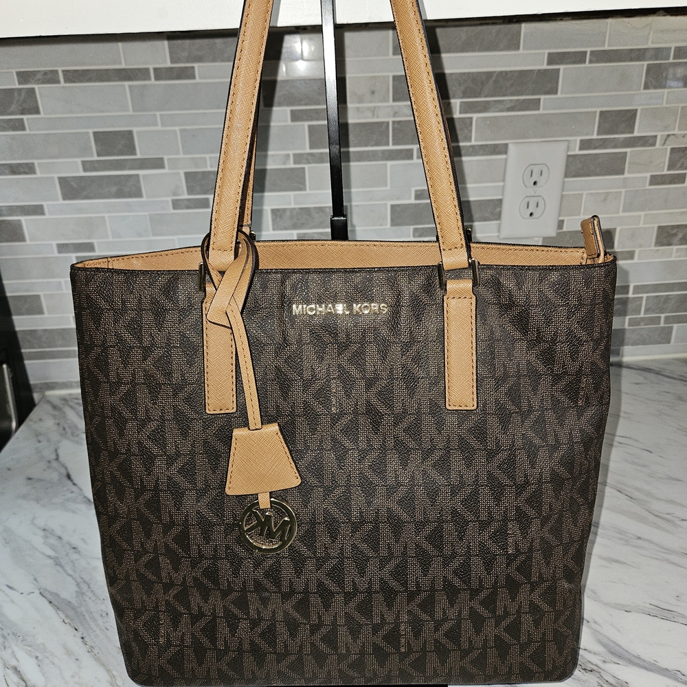Michael Kors Dark Brown MK Monogram Tote with Tan Trim